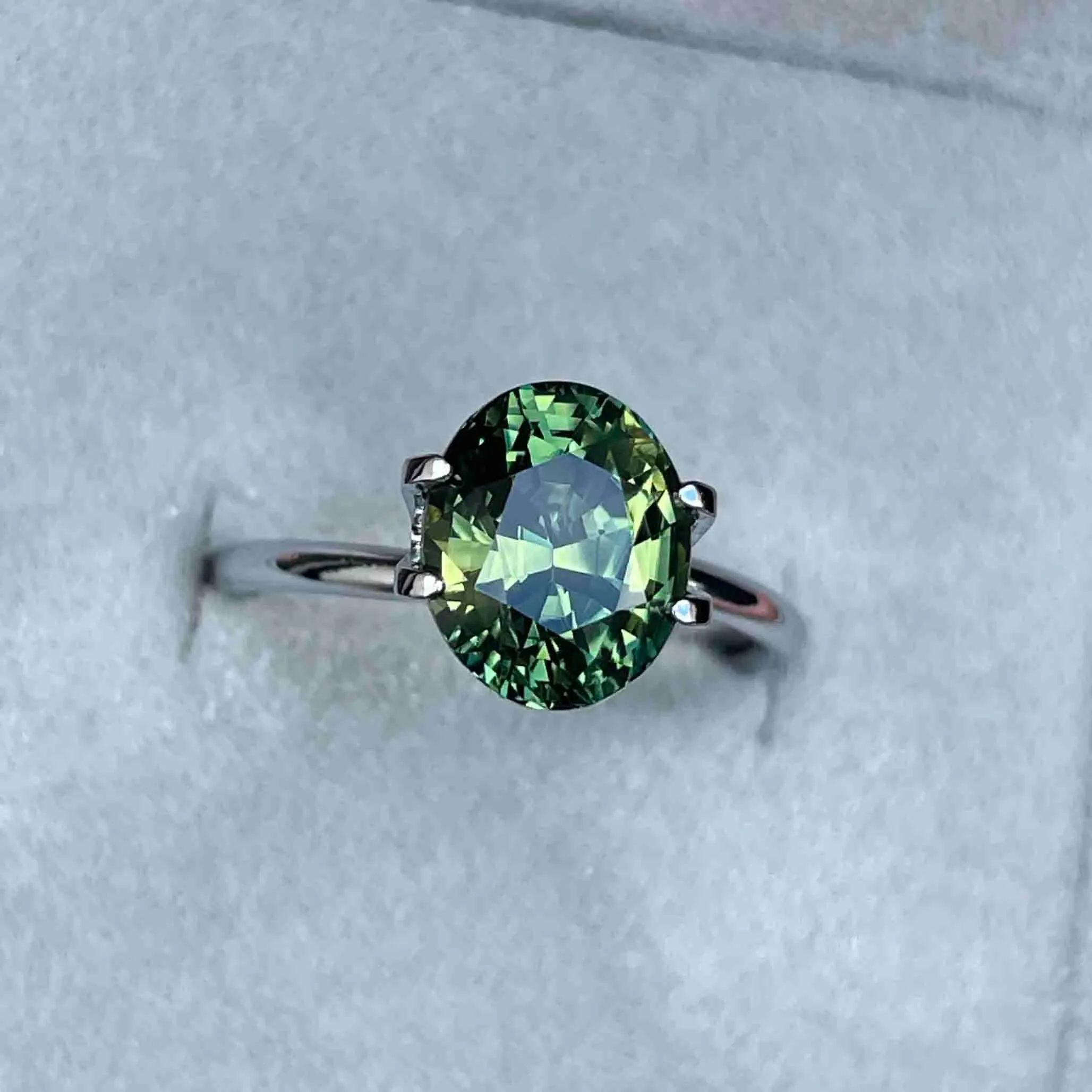 This 4.27 carat Green Sapphire is well cut to bring out the best colour and luster, and has a perfect colour blend.