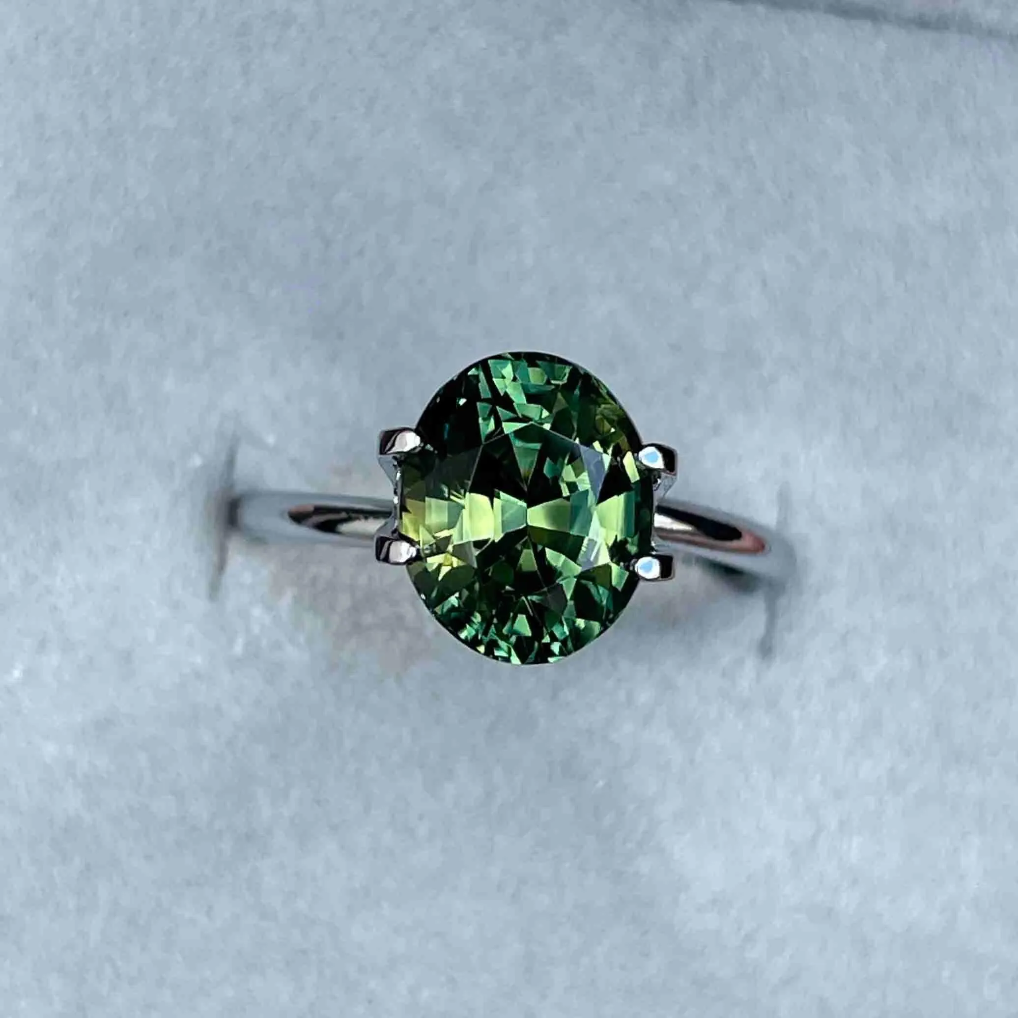 This 4.27 carat Green Sapphire is well cut to bring out the best colour and luster, and has a perfect colour blend.