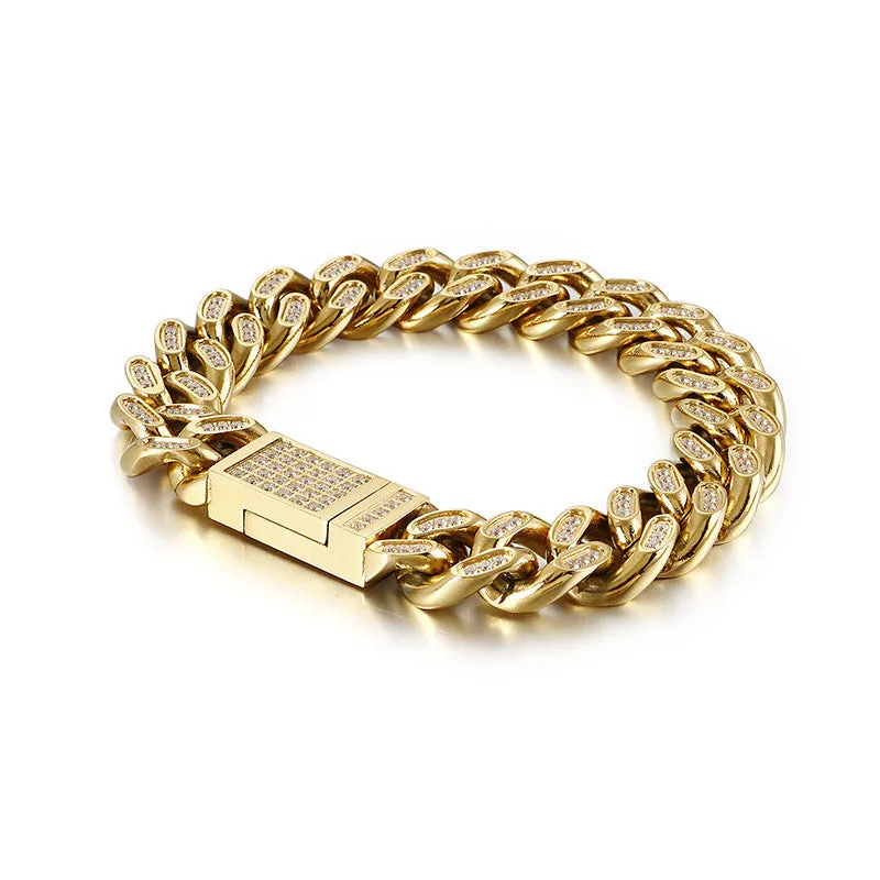 Trendy Men's Hip-Hop Bracelet with Zircon Inlay in Titanium Steel and Stainless Steel