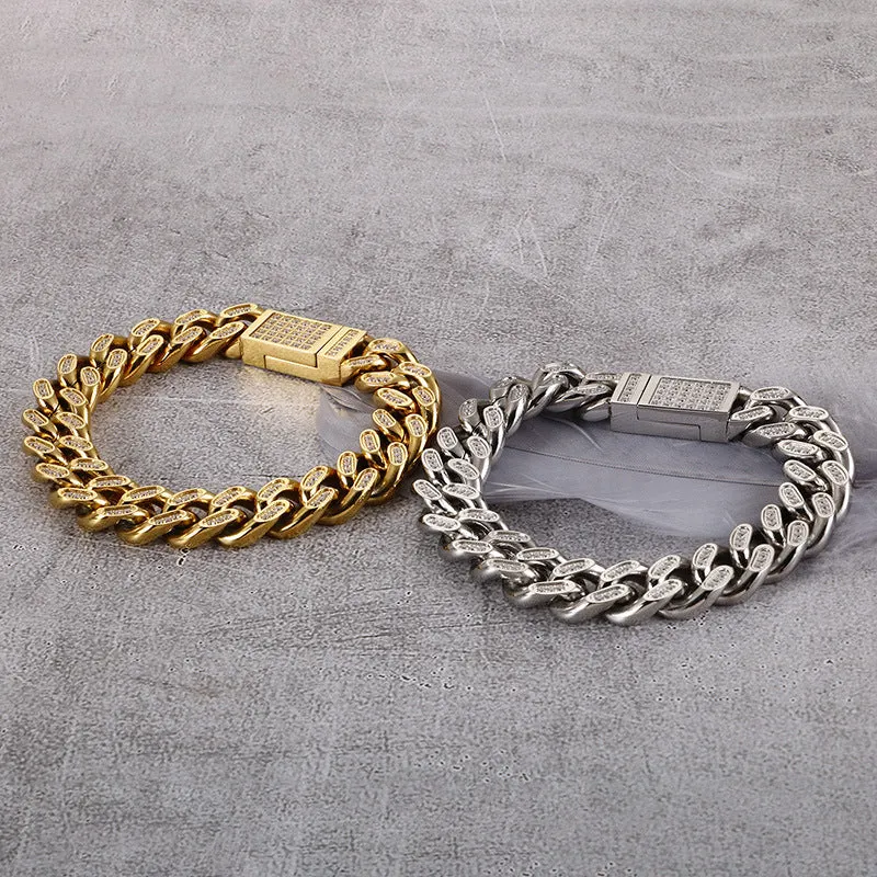 Trendy Men's Hip-Hop Bracelet with Zircon Inlay in Titanium Steel and Stainless Steel
