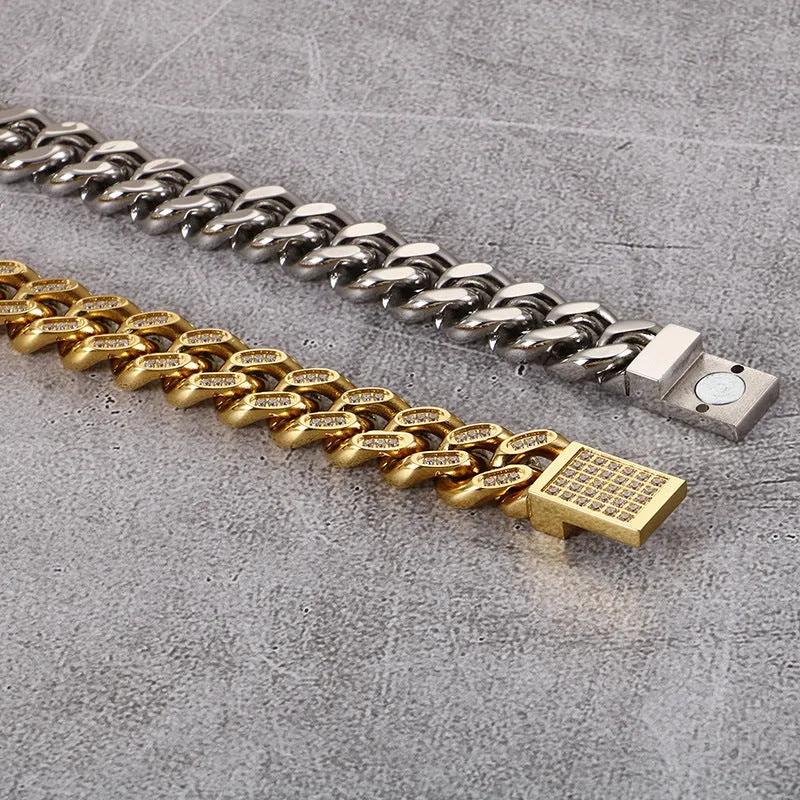 Trendy Men's Hip-Hop Bracelet with Zircon Inlay in Titanium Steel and Stainless Steel