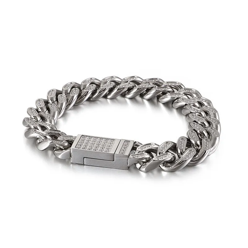 Trendy Men's Hip-Hop Bracelet with Zircon Inlay in Titanium Steel and Stainless Steel