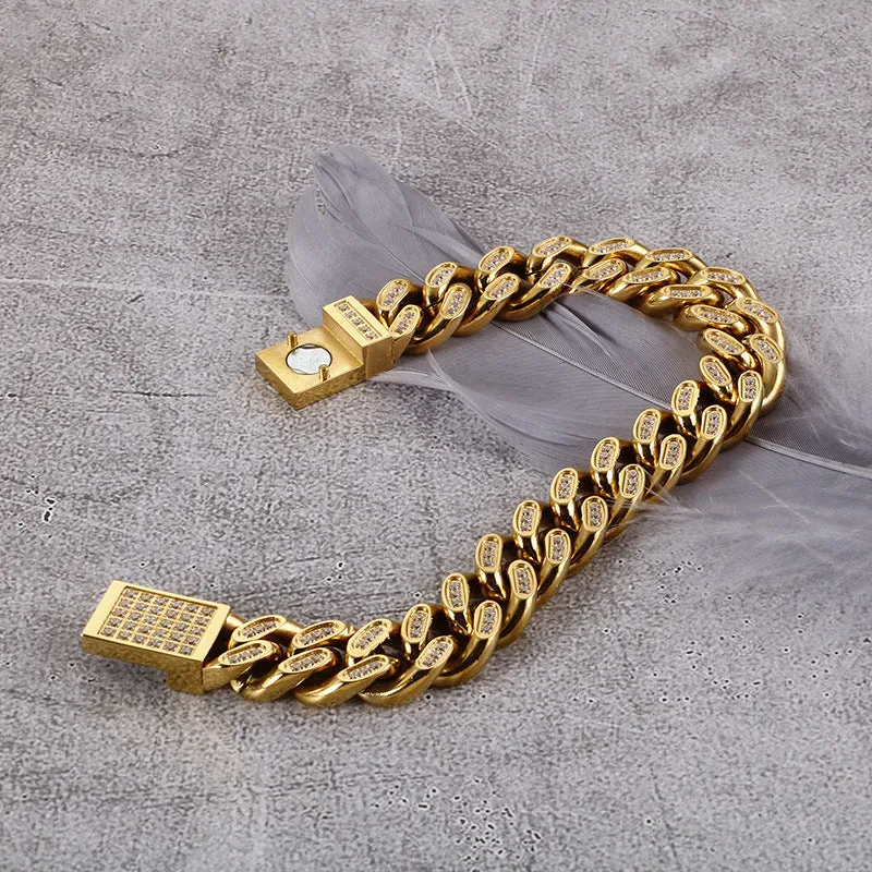 Trendy Men's Hip-Hop Bracelet with Zircon Inlay in Titanium Steel and Stainless Steel