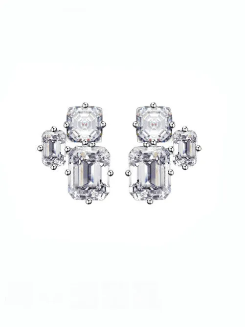 Triple Diamond Stud Earrings 925 Sterling Silver Square and Rectangle Zircon Statement Earrings
