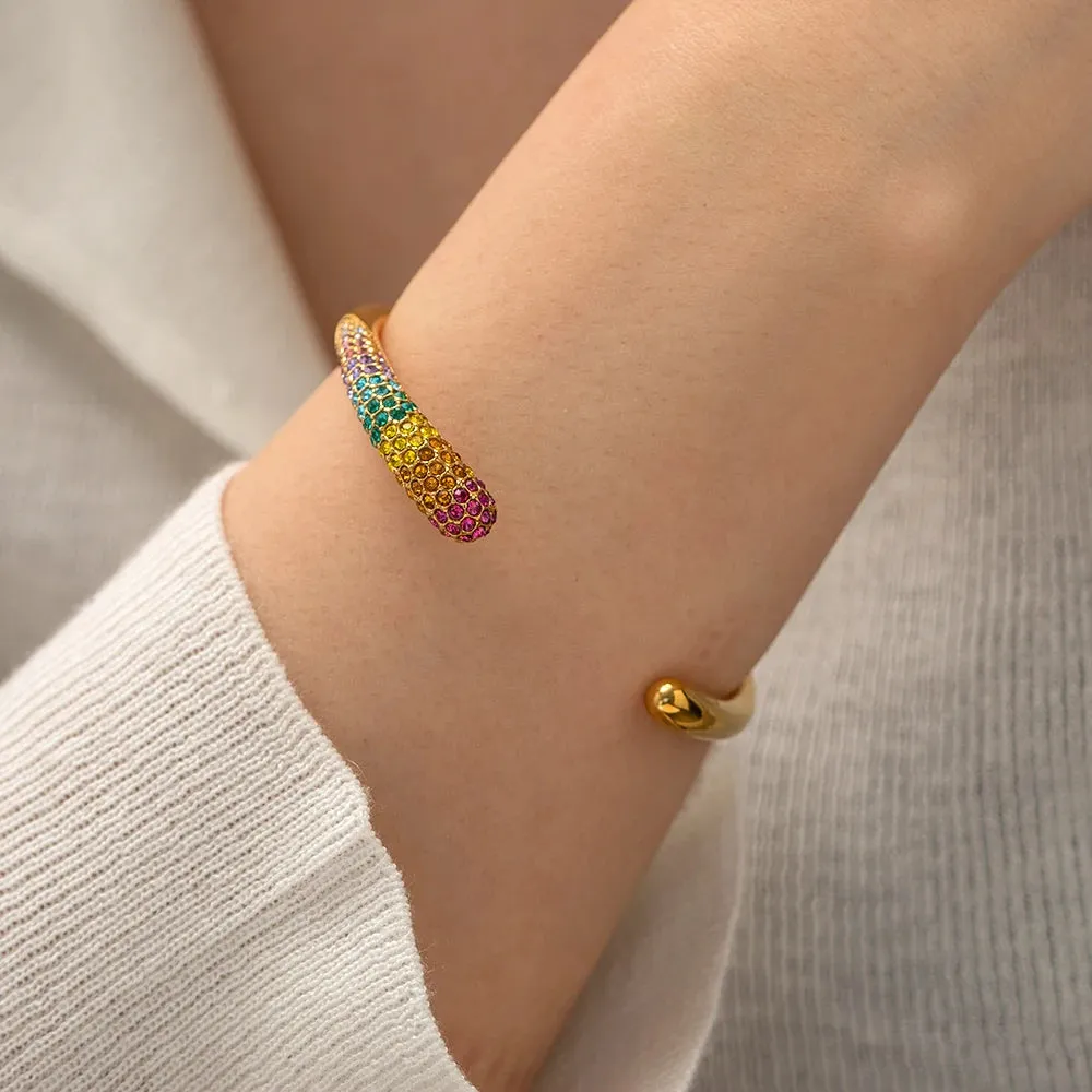 VAIGE Trendy Waterproof Colorful Cubic Zirconia and Pearl Stainless Steel Cuff Bracelet – Chic Geometric Jewelry Accessory