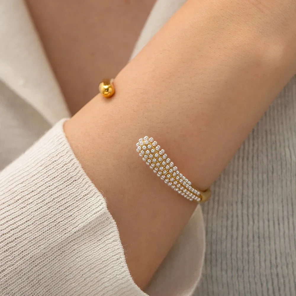 VAIGE Trendy Waterproof Colorful Cubic Zirconia and Pearl Stainless Steel Cuff Bracelet – Chic Geometric Jewelry Accessory