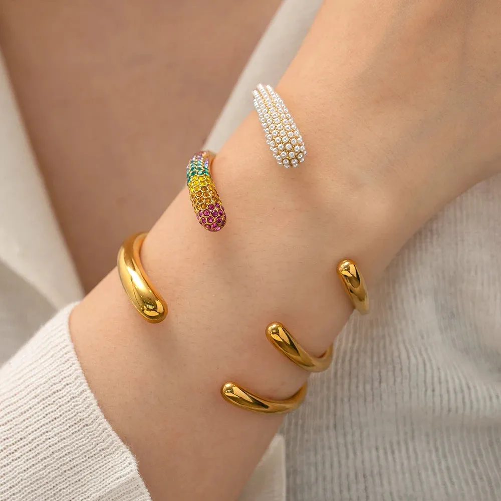 VAIGE Trendy Waterproof Colorful Cubic Zirconia and Pearl Stainless Steel Cuff Bracelet – Chic Geometric Jewelry Accessory