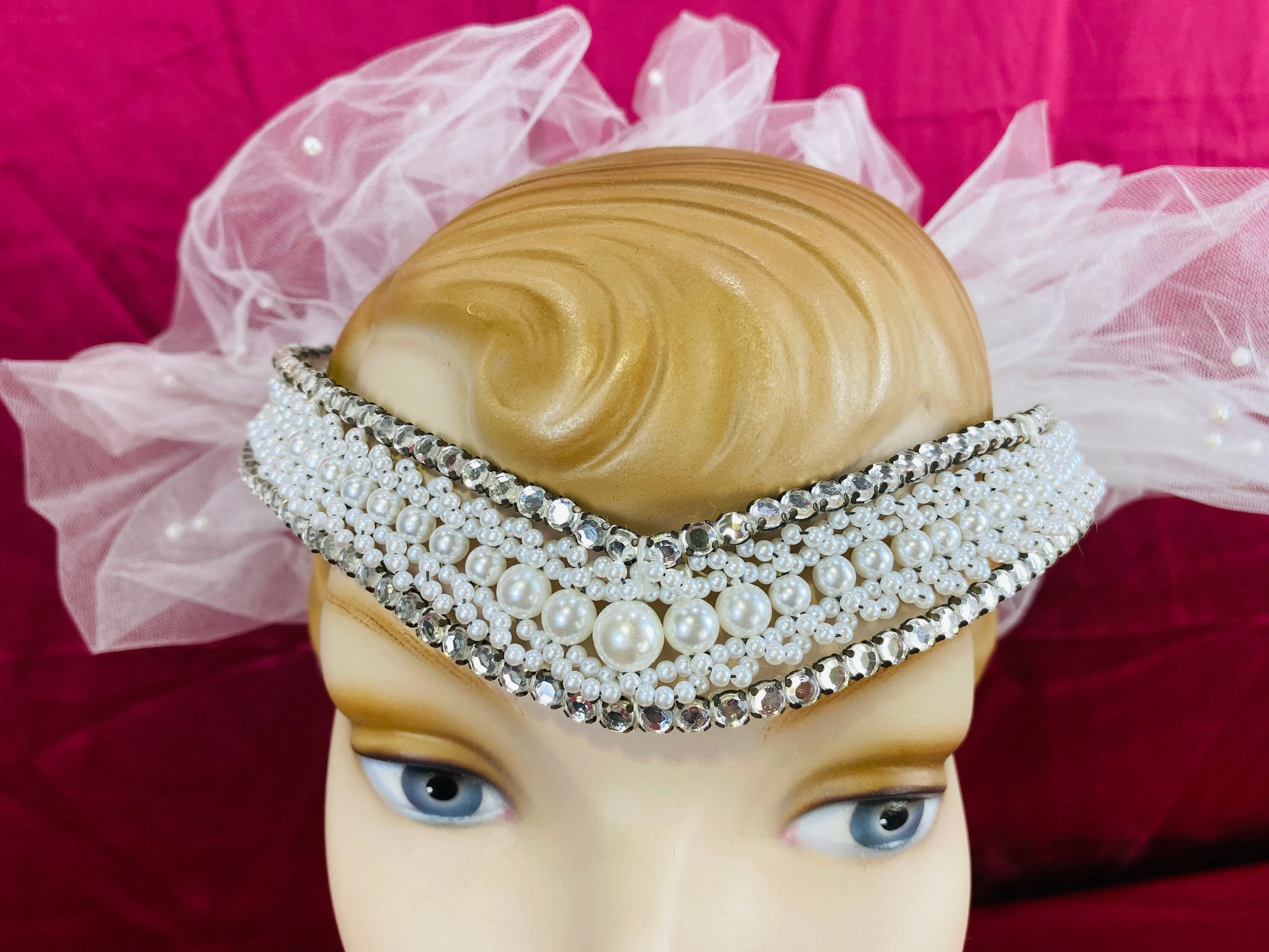 Vintage 80s/ 90s Diamanté & Pearl Bridal Diadem with Tulle Ruffle