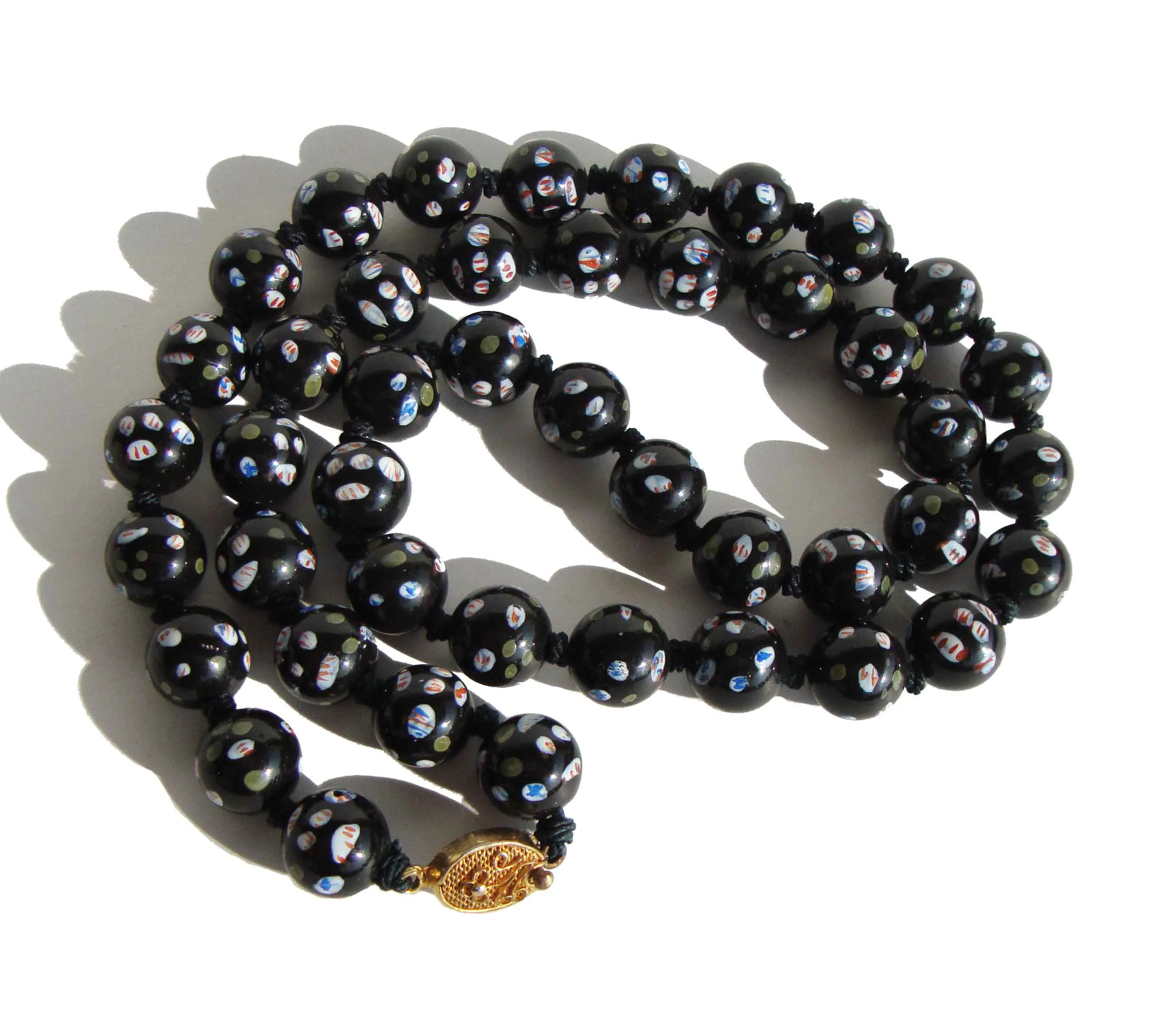 Vintage Chinese Export Necklace Black Polka Dot Beads
