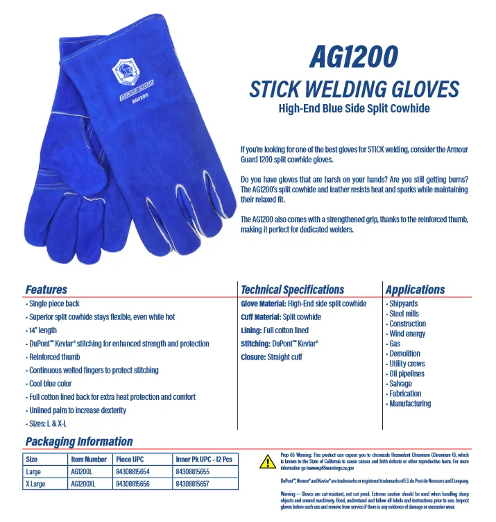 WELDING GLOVES, STICK - COTTON LINED, BLUE,  PREMIUM SIDE SPLIT COWHIDE -AG-1200
