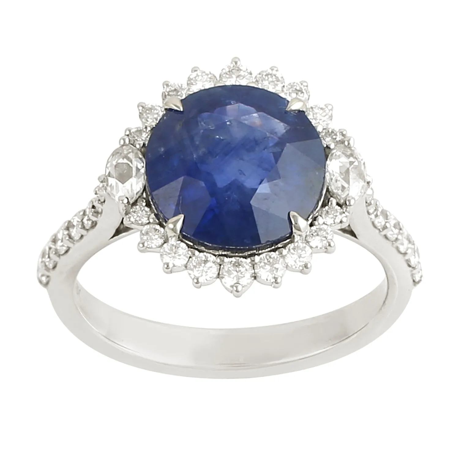 White Diamond Blue Sapphire Handmade Sunburst Design White Gold Ring