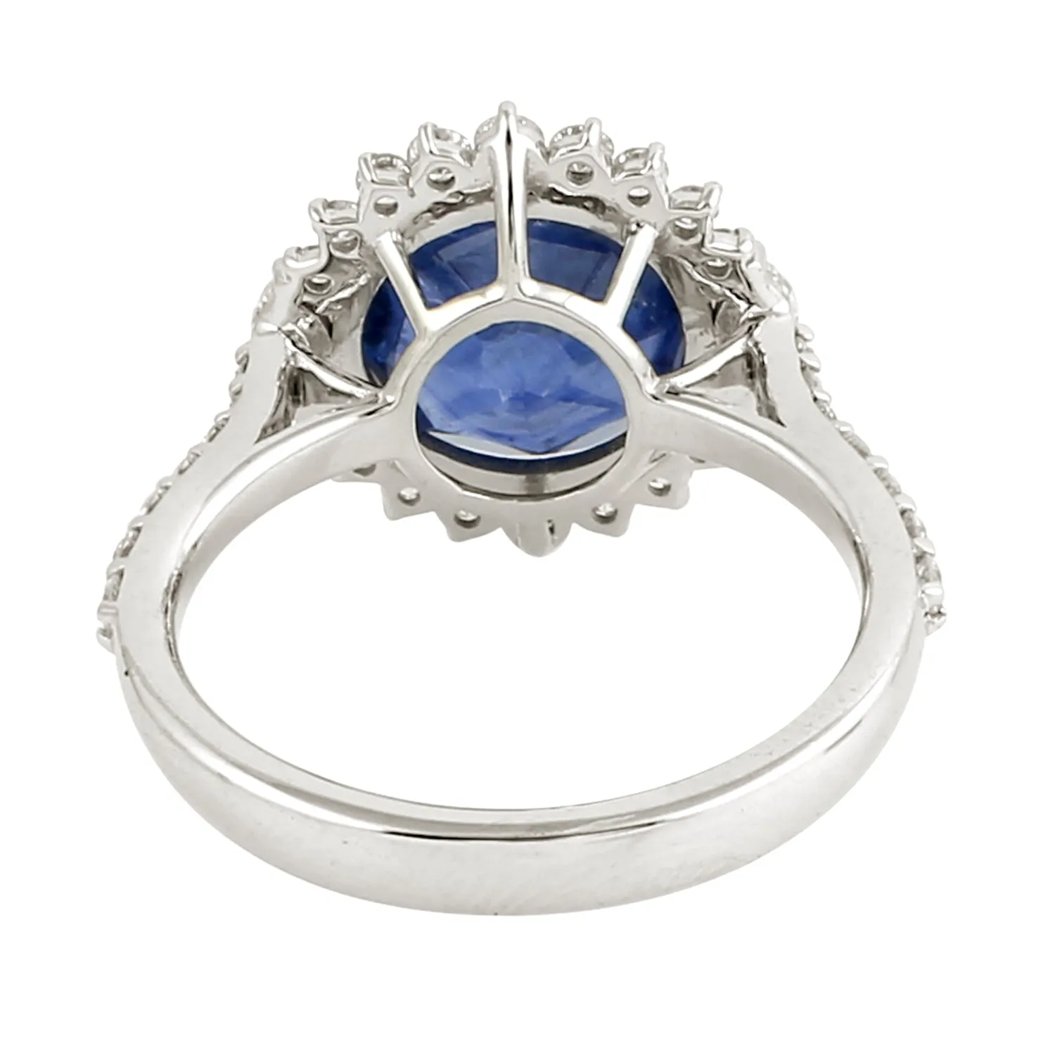 White Diamond Blue Sapphire Handmade Sunburst Design White Gold Ring