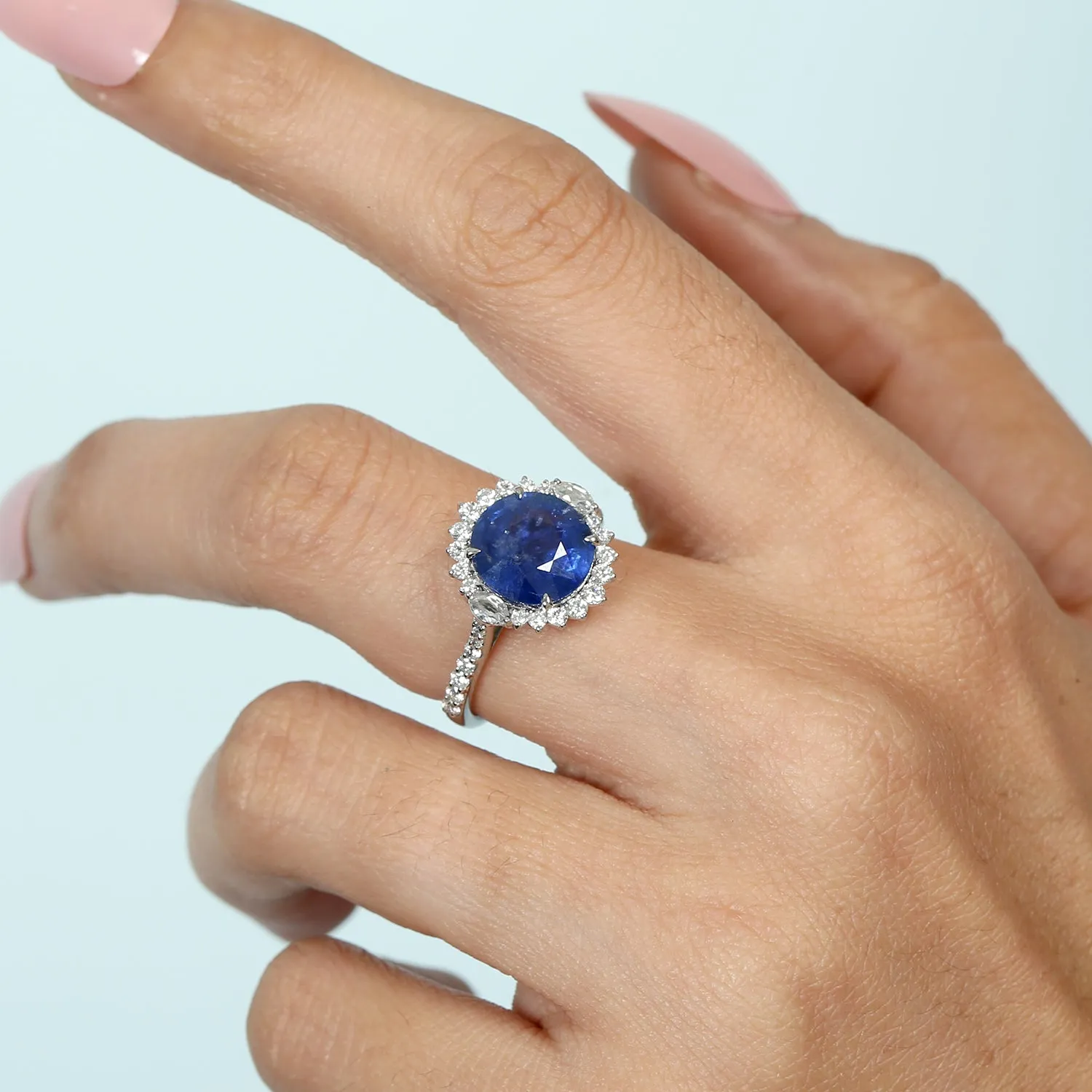 White Diamond Blue Sapphire Handmade Sunburst Design White Gold Ring