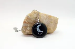 White Stars &  Crescent Moon  black fused glass circle pendant necklace with 20 inch steel chain
