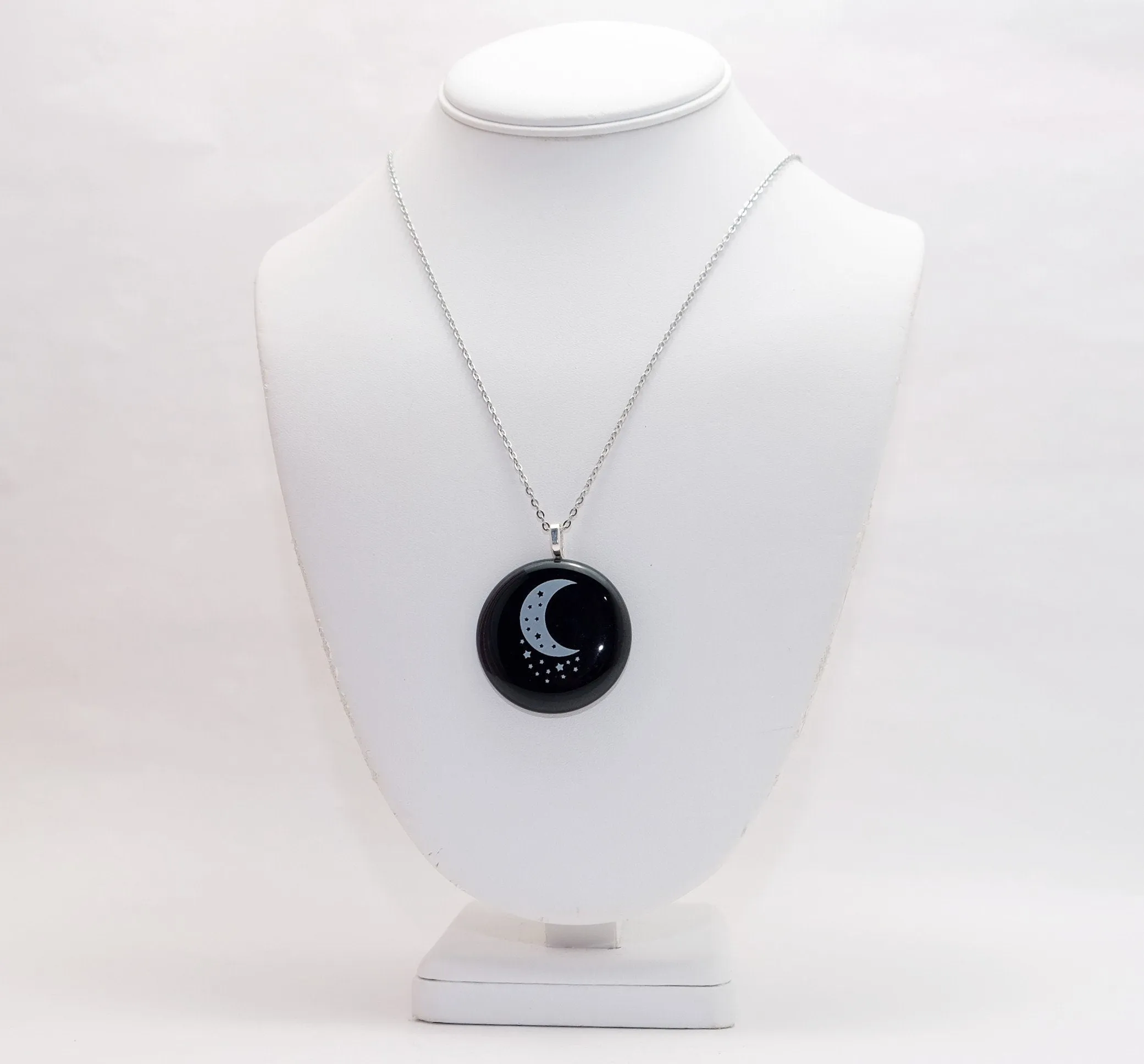 White Stars &  Crescent Moon  black fused glass circle pendant necklace with 20 inch steel chain
