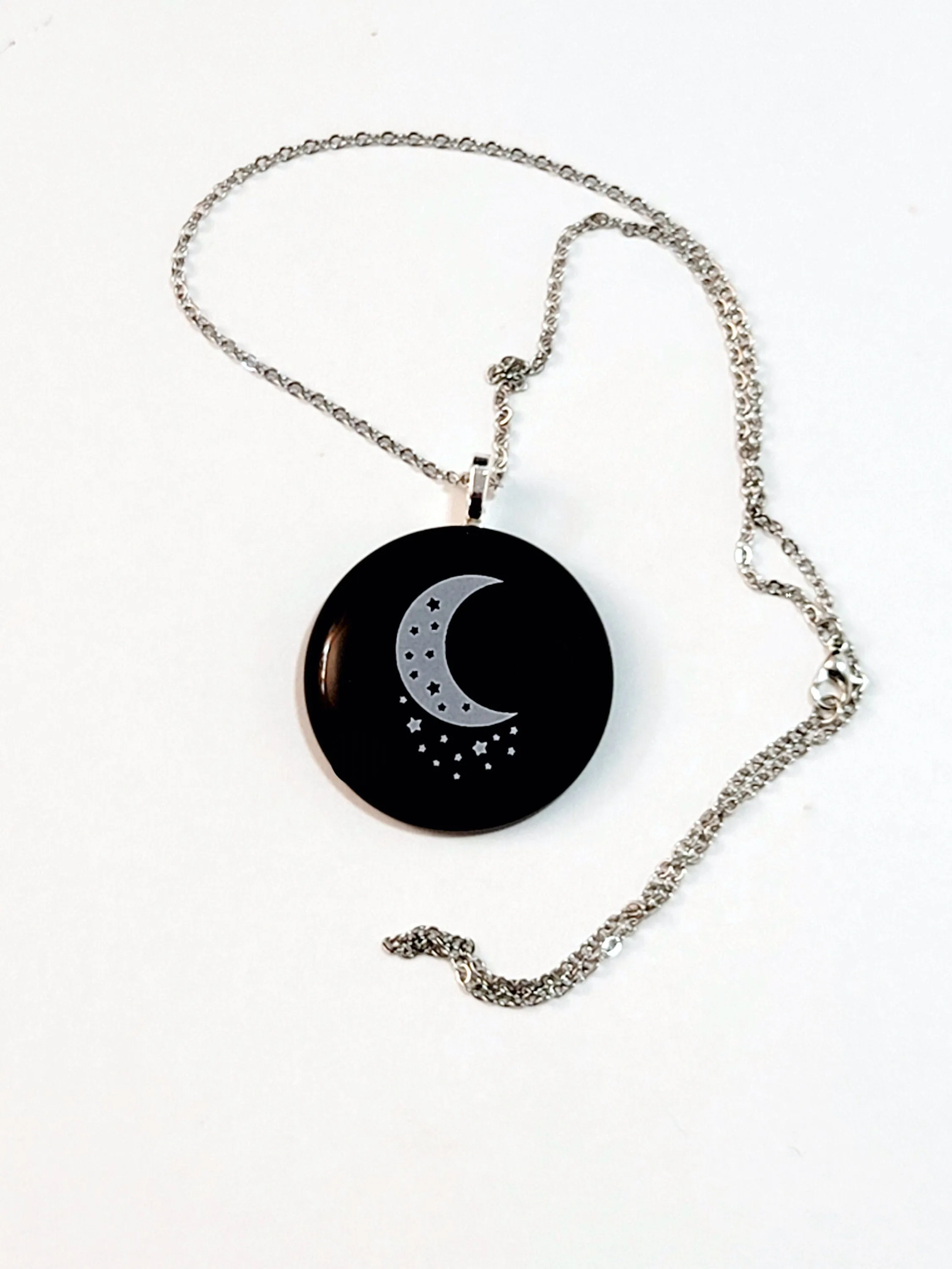 White Stars &  Crescent Moon  black fused glass circle pendant necklace with 20 inch steel chain