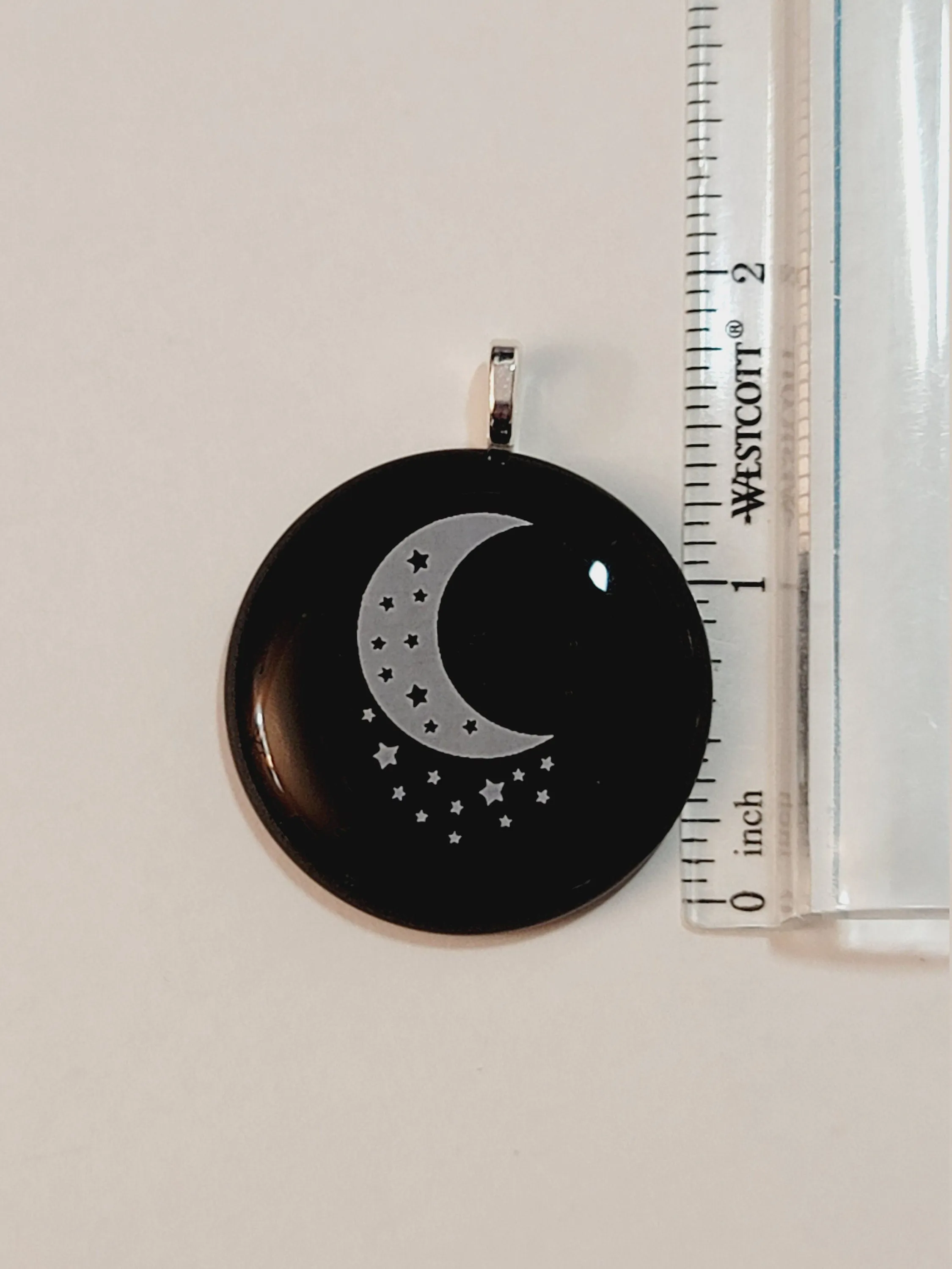 White Stars &  Crescent Moon  black fused glass circle pendant necklace with 20 inch steel chain