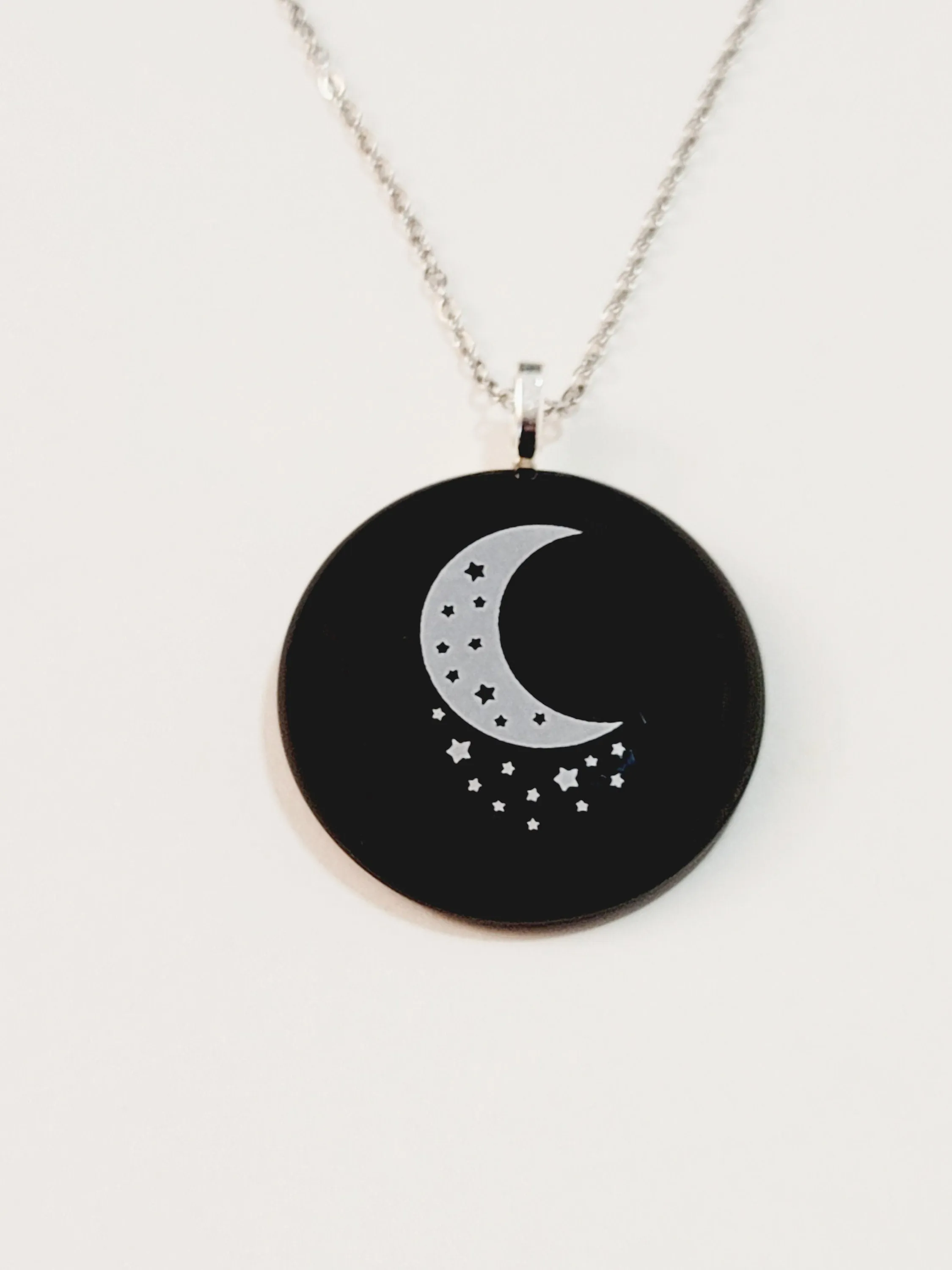 White Stars &  Crescent Moon  black fused glass circle pendant necklace with 20 inch steel chain