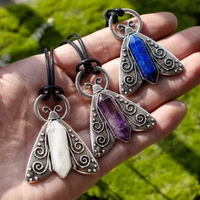 Witch Skull Moth Pendant Necklace - Natural Stone Gothic Occult Wicca Jewelry